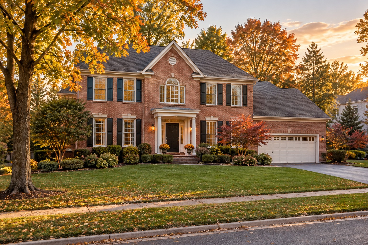 A Montgomery County Maryland suburban street at golden hour, illustrative