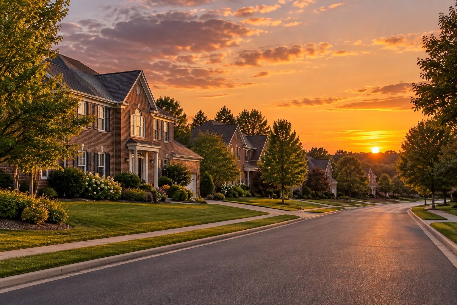 A Montgomery County street at sunset, illustrative