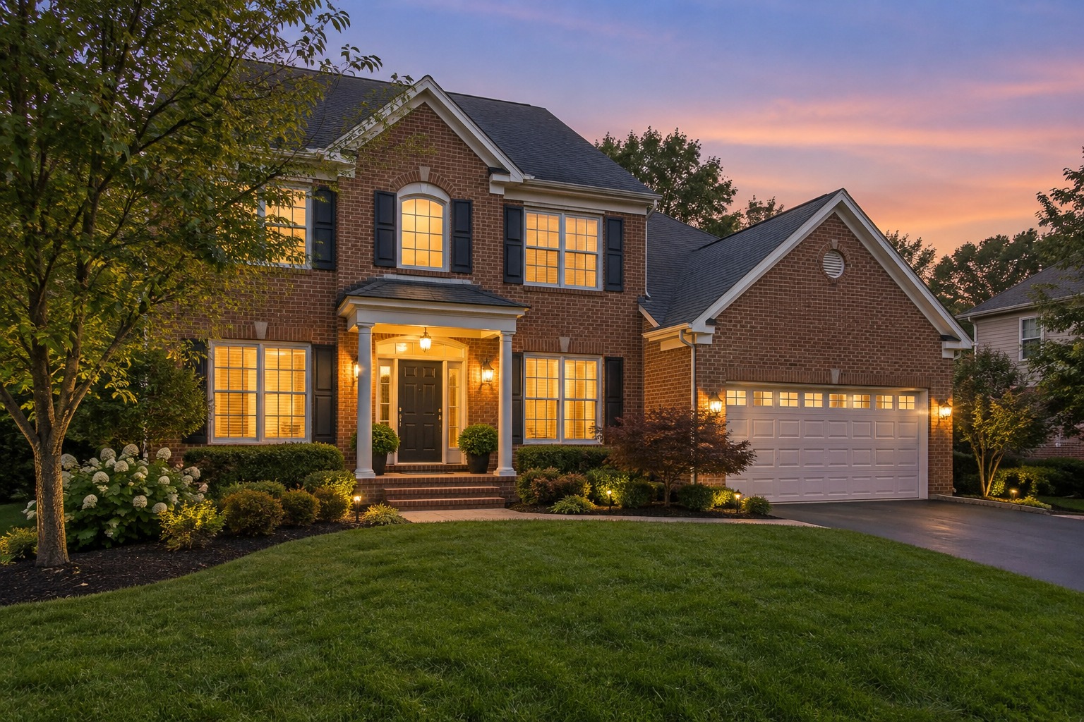 A Montgomery County home exterior at dusk, illustrative